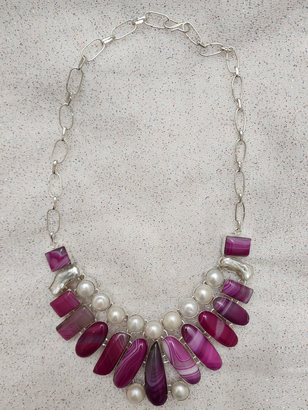 Silver Chain Magenta Agate Statement Necklace with Pearls